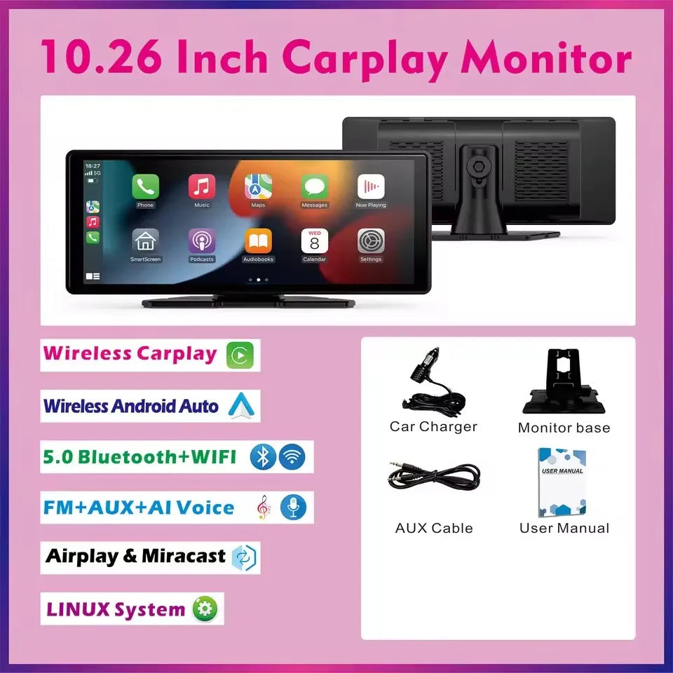 Universal Portable Wireless Carplay Screen for Car with Android Auto Touchscreen Car Stereo System